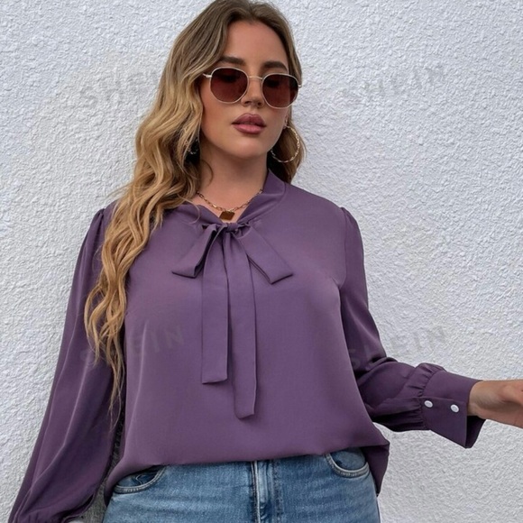 SHEIN LUNE mauve purple Plus size (4X)  Tie Neck Puff Sleeve Blouse - Picture 2 of 5